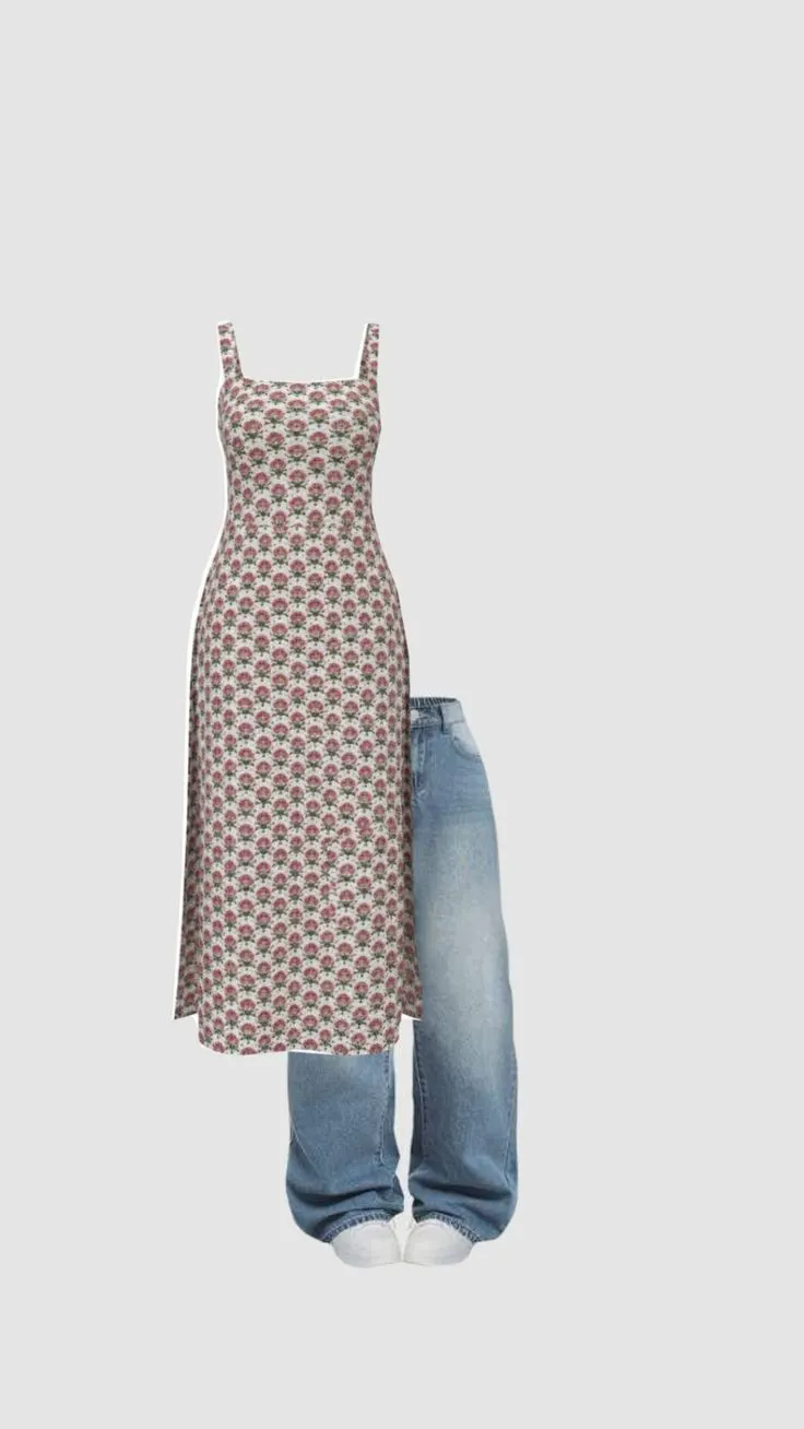 Floral Printed Midi Dress with Denim Jeans (Layered Style)