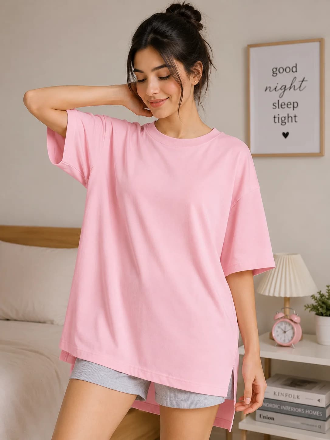 Women's Baby Pink Oversized Sleep T-Shirt