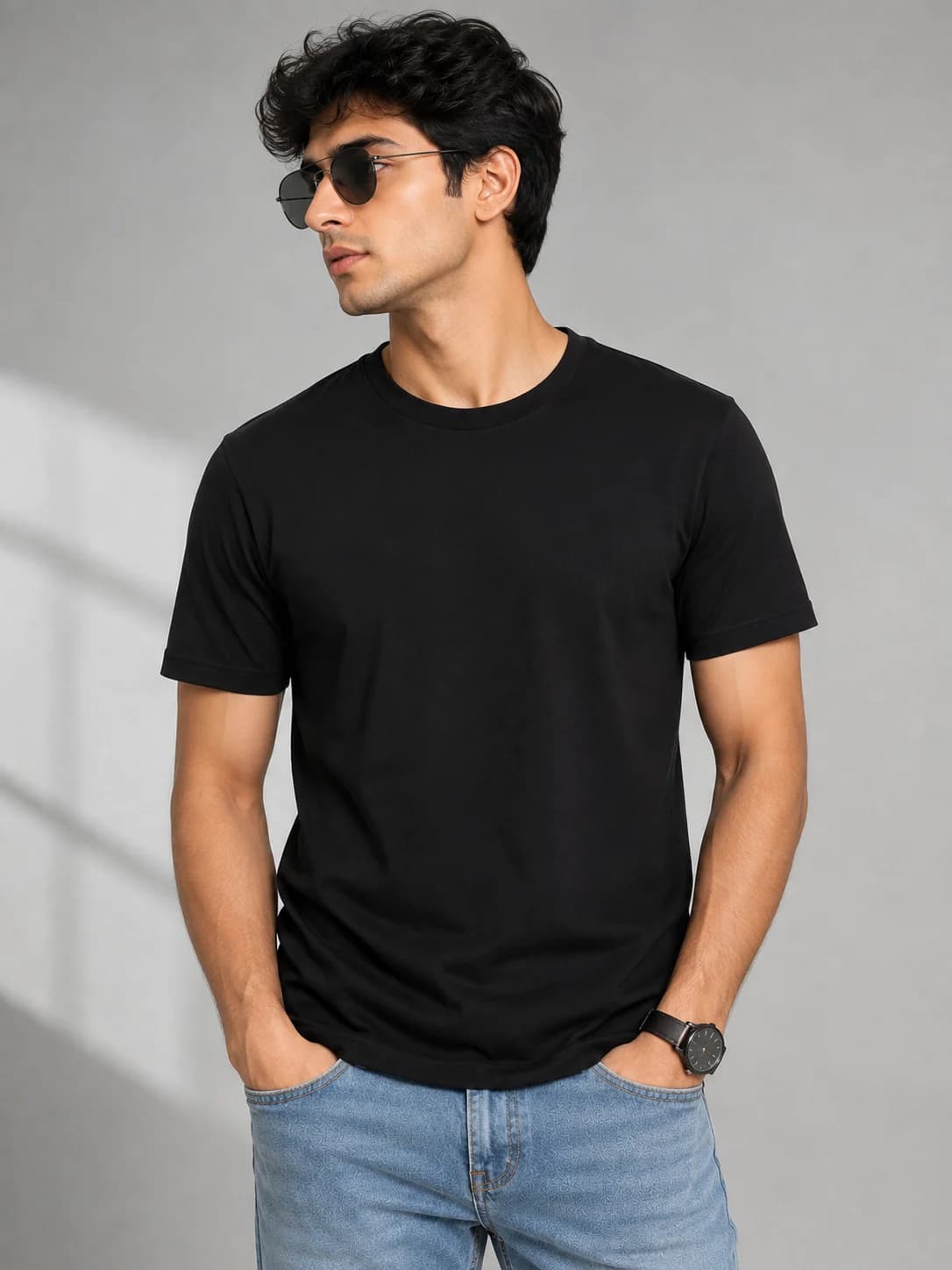 Men's Plain Black Cotton T-Shirt
